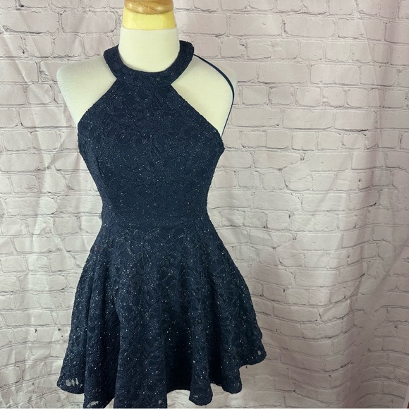 B. Smart Navy Fit and Flare Halter Mini Dress sz 1 lace overlay sparkle - Picture 1 of 9